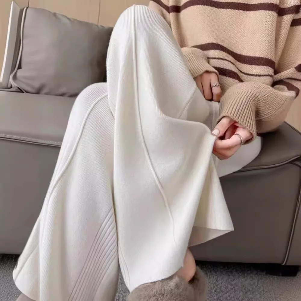 Moda drape pit strip malha calças de perna larga feminina nova fina casual calças de perna reta até o chão calças compridas 2025 primavera a