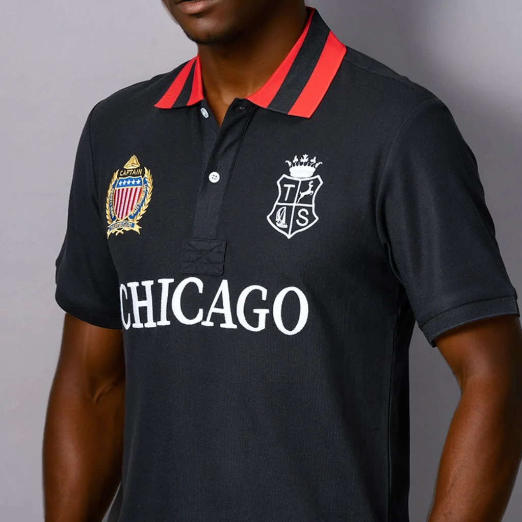 Herren Poloshirt USA Chicago Kurzarm Royal Freizeit Sport Party Baumwolle Bestickt Mit Schlitz Kontrastfarbe Original – Detail 3