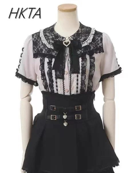 

Japanese Liz Womens Shirt Mine Tie Sweet Lace Lace Bow Stitching White Shirts Spring Summer New Kawaii Blouse Detachable Sleeves