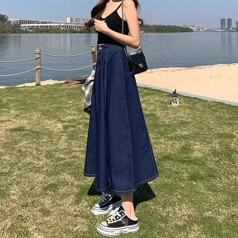 

Denim Skirt Women Streetwear Long Skirts Elastic Waist Button Washed Distressed Spring Summer Female 2025 Vintage Casual A Line