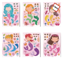 6 Sheets/Set Children DIY Puzzle Sticker Funny Make A Face Handmade Assemble Cute Mermaid Stickers Boys Girls Gift Party Favor