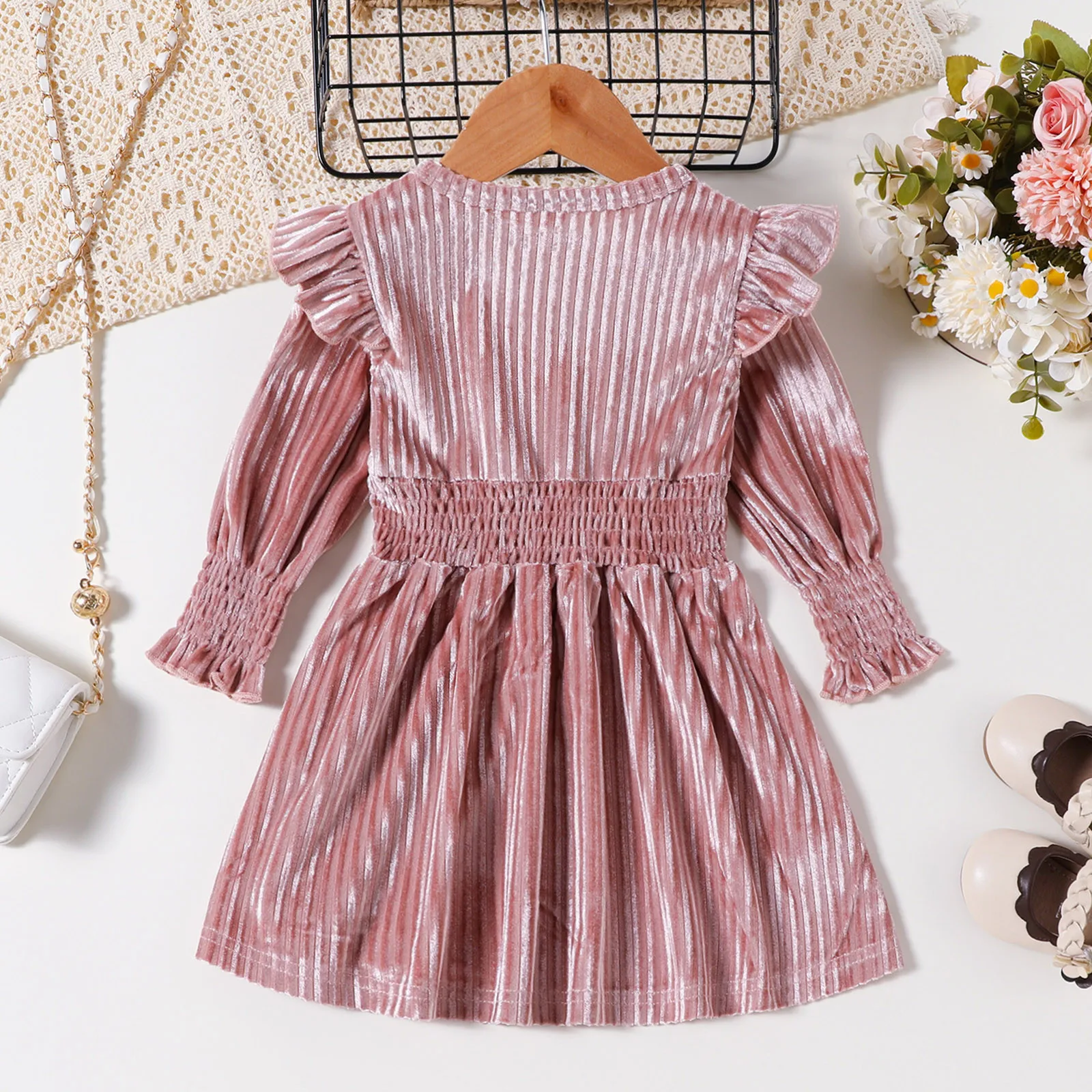 0 1 2 3 Years Children's Girls Dress Autumn Winter Long Sleeved Striped Velvet Dress Long Sleeve Cute Ruffles Princess Dresses