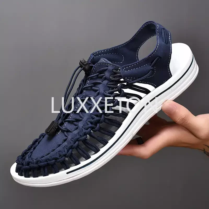 2024 New Leisure Men\'s Spring/Summer Knitted Sandals Fashionable and Trendy Beach Shoes with A Headband and One Step Lazy Shoes