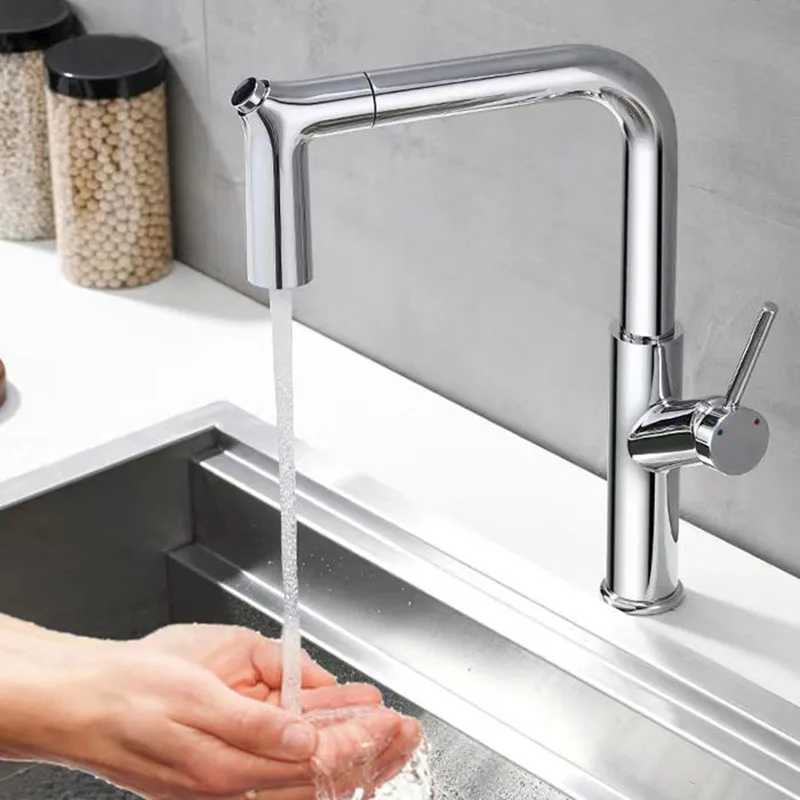 주방 싱크대 수도꼭지, 온수 냉수 믹서 탭, 싱글 홀 핸들, 회전 분무기, 깍지 주방 싱크대 탭, 블랙 및 크롬 풀아웃