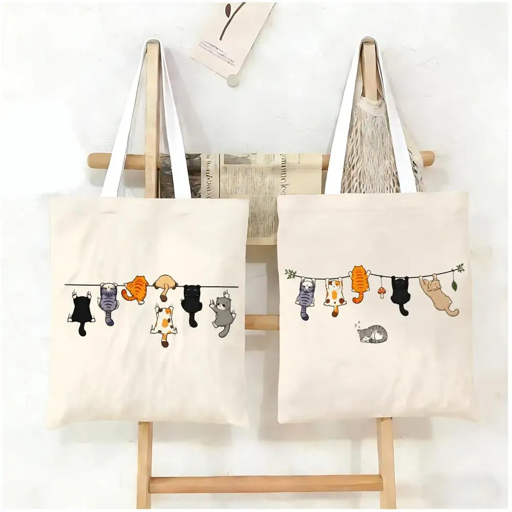 Fun Cat-Themed Storage Bags Canvas Tote Bag Women Large Capacity Reusable Shopping Shoulder Bag Daily Handbag