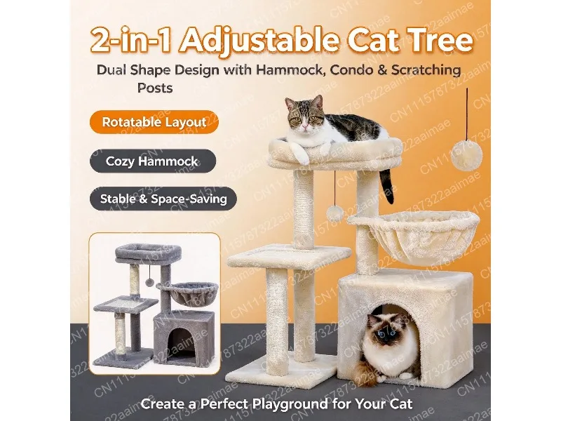 Grey Cat Tree Tower for Indoor Cats with Scratching Posts, Big Hammock & Removable Top Perch, 2 Styles Cat Activity Center