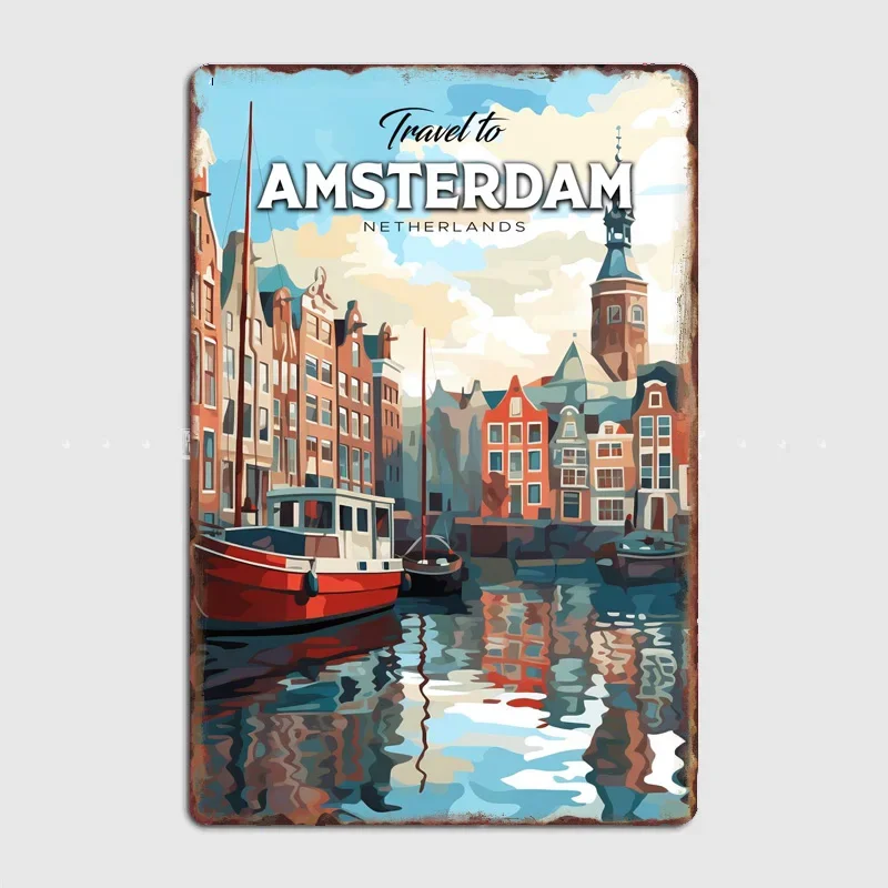 Amsterdam Netherlands Travel Scenic Spot Retro Poster Metal Sign Mural Plates Club Tin Home Decor Room Decoration Wall Decor