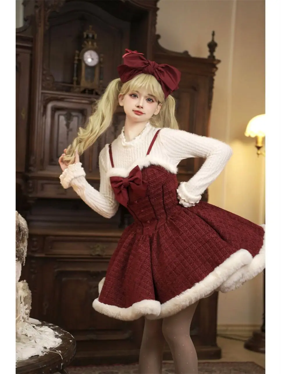 Зимние рождественские комплекты из трех предметов в стиле Лолиты, женский плащ с бантом + элегантный теплый свитер + шикарное платье, женская одежда в корейском стиле