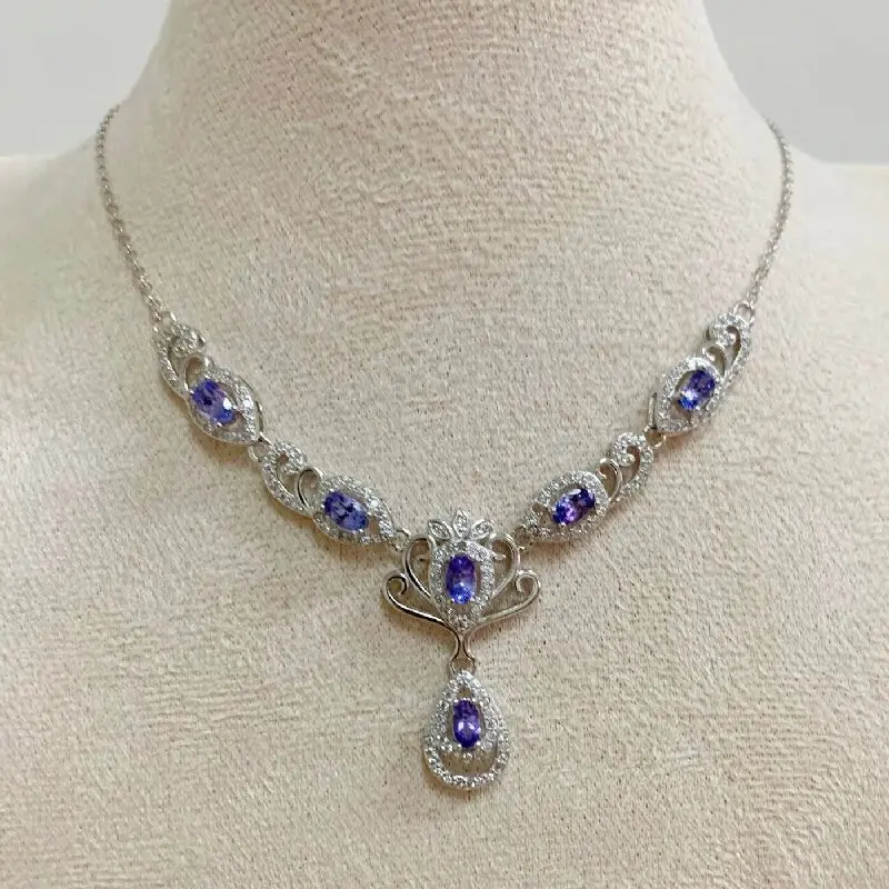 ZECAA Tanzanite Jewelry Necklace Pendant For Woman With Natural Tanzanite Gemstone 4*6mm S925 Silver Tanzanite Necklace Pendant