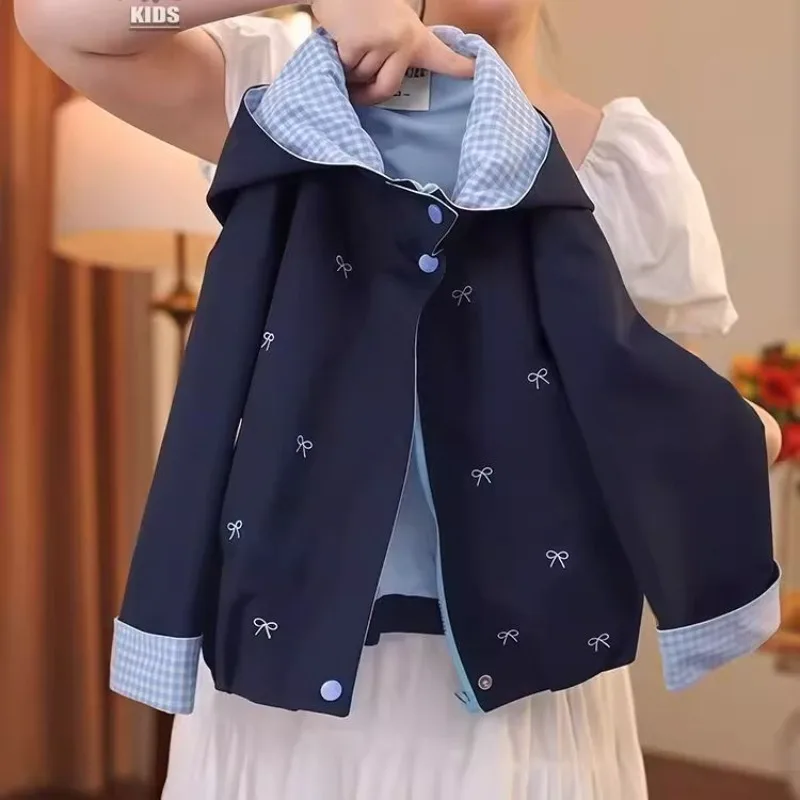 UNITIM Herbst 2-12 Jahre Mädchenmantel Kinder Mädchen Schleifen-Print Reißverschluss Kapuzenjacken Lose Kleinkind Mädchen Freizeit-Oberbekleidung Mantel – Detail 6