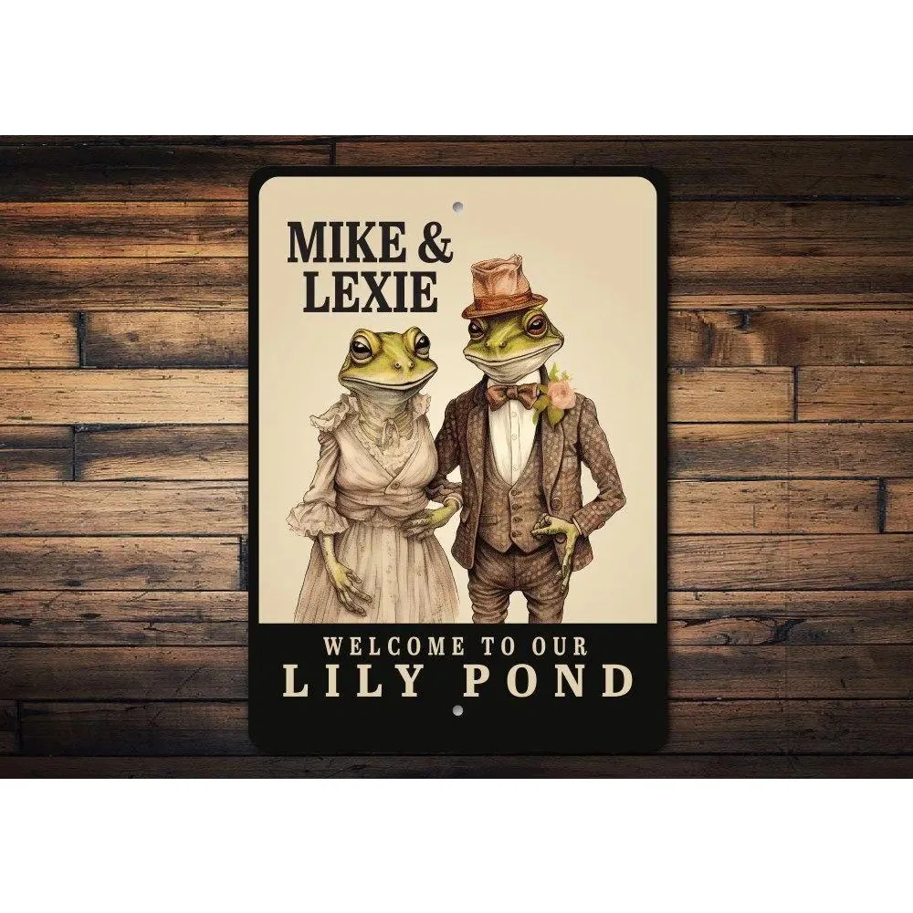 CIFbuy [2D Flat] Custom Metal Plaque, Vintage Frog Couple Lily Pond Custom Text Wall Sign, Garden Lover Gift (Only For Decoratio