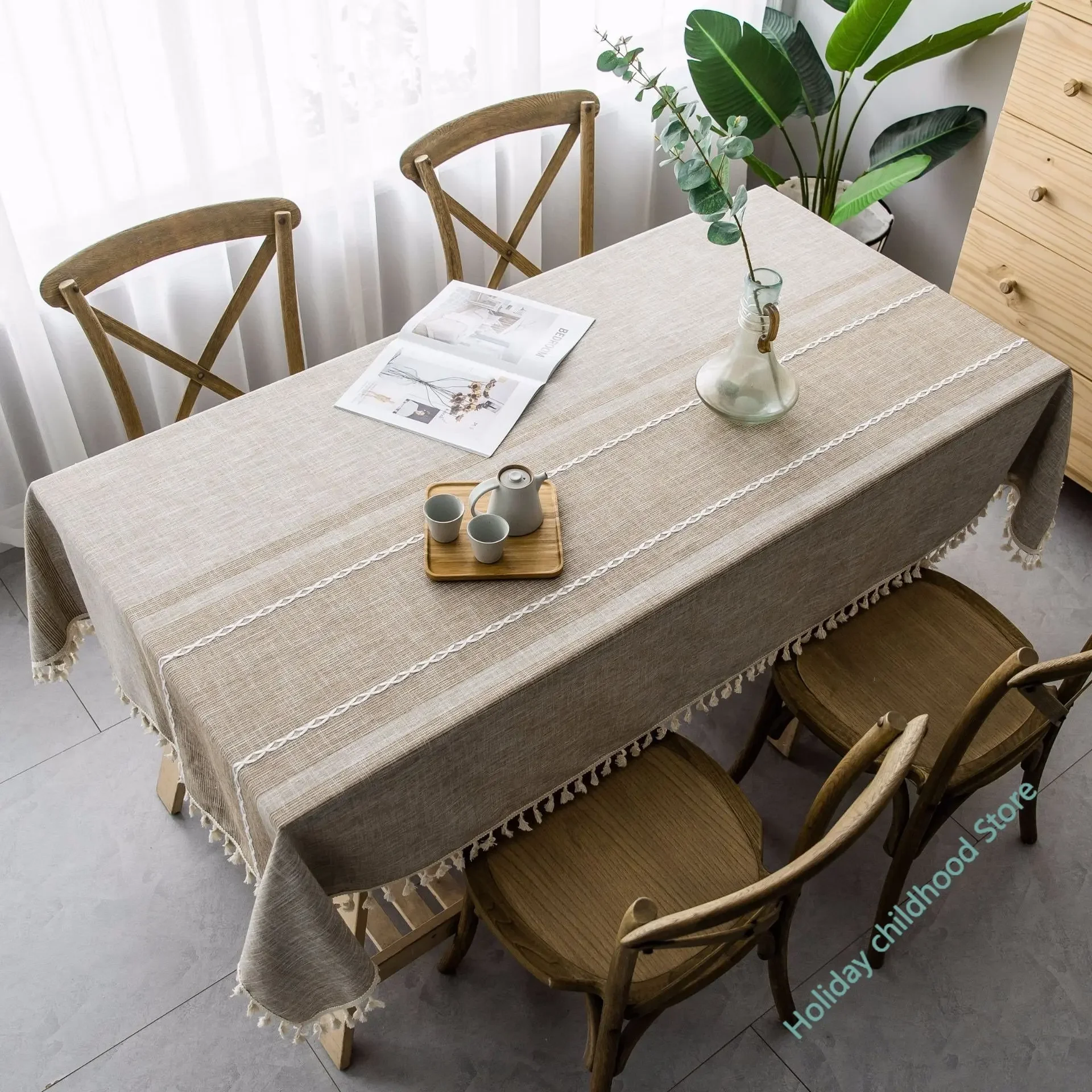 Irregular Solid Decorative Linen Tablecloth With Tassel Dustproof Thicken Rectangular Wedding Dining Table Cover Tea Table Cloth