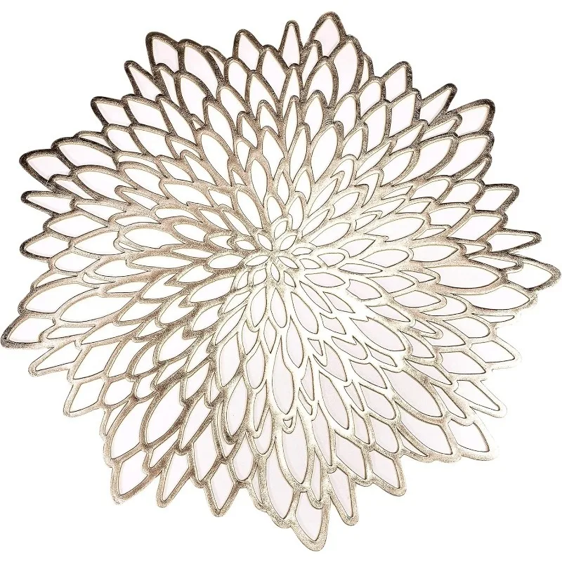

​​4 Pack Gold Metallic Placemats​​ – Pressed Vinyl Round Leaf Design for Wedding/Christmas/Thanksgiving, Holiday Table Decor