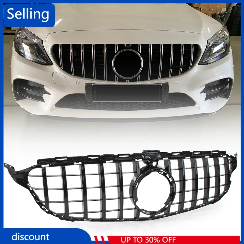 GTR Styling Car Front GrillStyle Upper Grille For Mercedes Benz W205 C-Class C200 C250 C300 C350 2019 W/ Camera Gloss Black fr