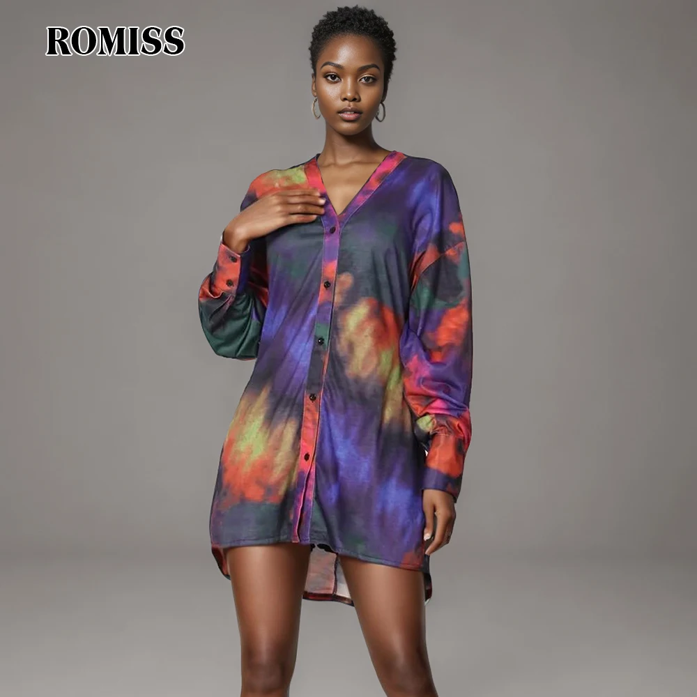 ROMISS Sheath Dresses For Women V Neck Latern Sleeve High Waist Print Patchwork Single Breasted Loose Dress Female