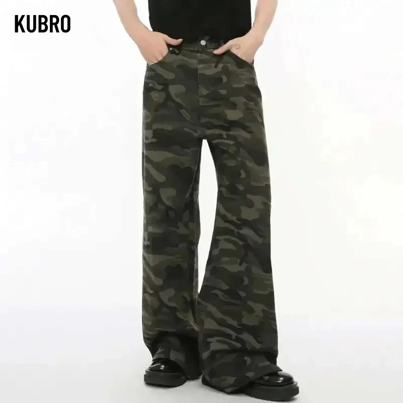 

KUBRO Good Quality Vintage Camouflage Men's Jeans Fashion Washed Casual Wide Leg Denim Pants Autumn Winter Loose Male Trousers