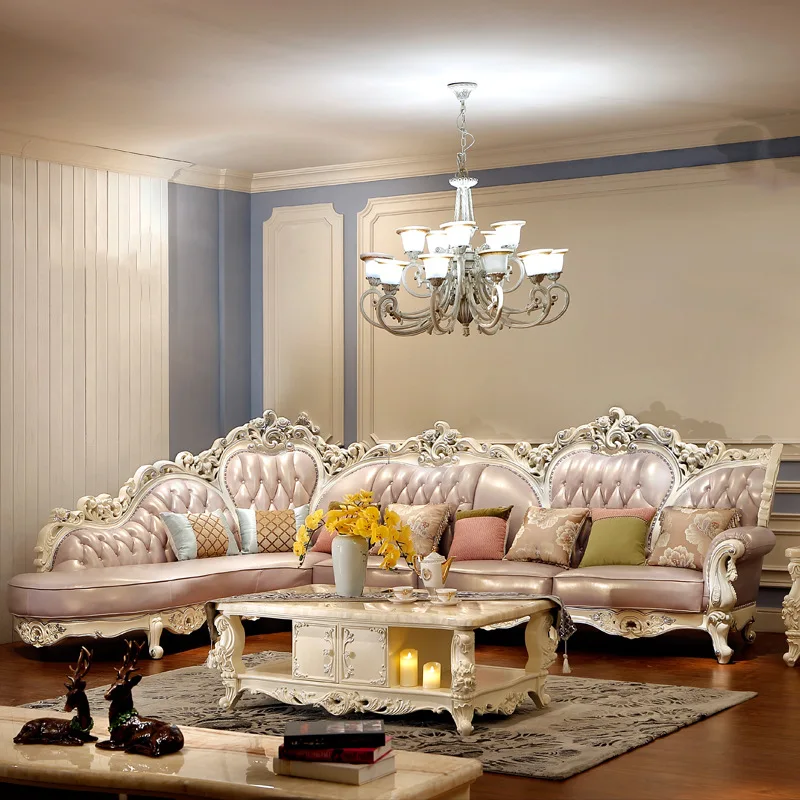 Living room corner leather sofa solid wood carving flower leather sofa with concubine chair corner sofa