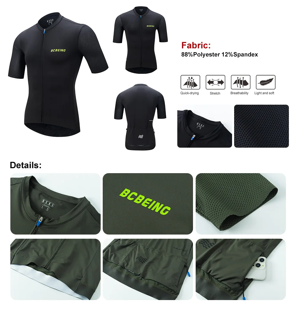 BCBE-ING Leichtes Radtrikot für Herren und Damen, atmungsaktives 3D-Netzgewebe, Fahrradtrikot mit kurzen Ärmeln, Radtrikot. – Detail 3