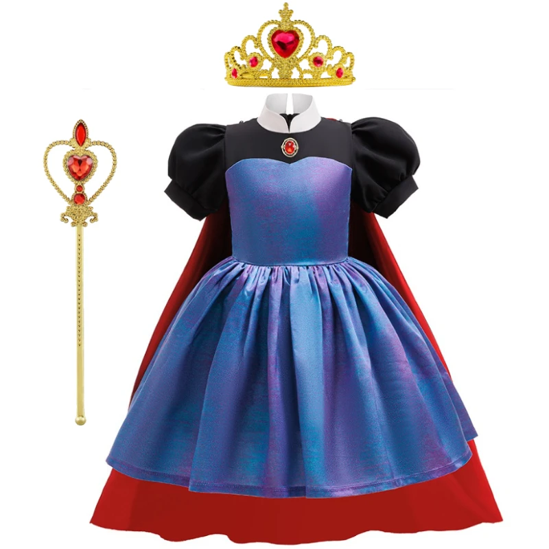 

Evil Queen Girls Cosplay Costume 2-in-1 with Detachable Cape Crown and staff Outfit Kids Villain Cosplay Dress for Halloween