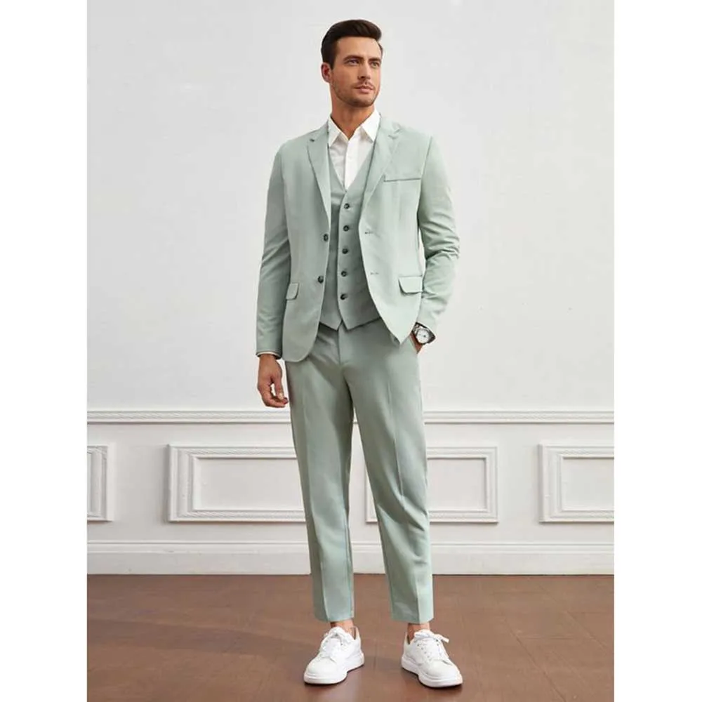 Fashion Chic Light Green Suits for Men 3 Pieces Jacket Pants Vest Male Clothing Slim Fit Business Wedding Banquet Blazers Sets