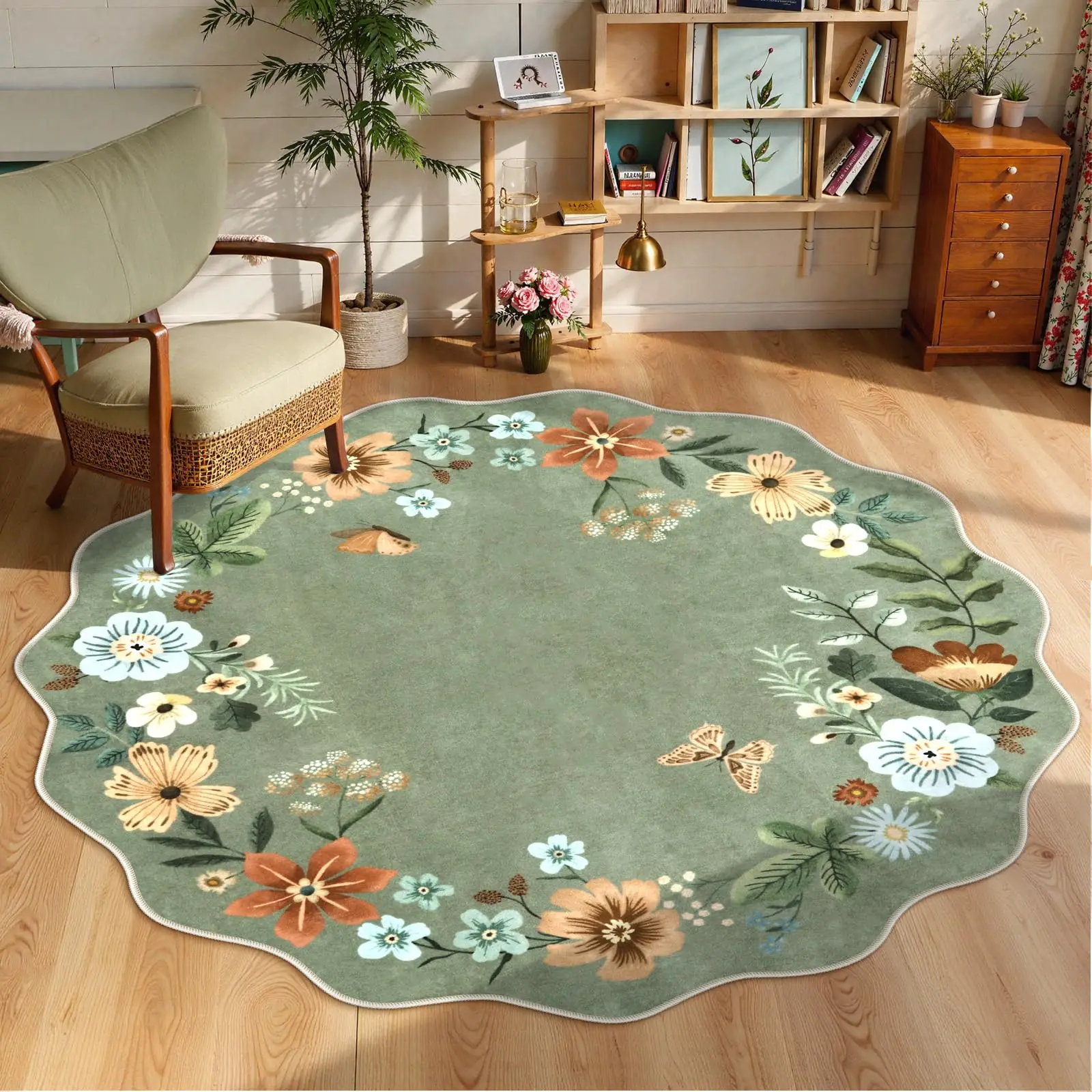 

Floral Washable Round Area Rug Soft Round Rugs Non-Slip Boho Large Circle Carpet for Bedroom Living Room