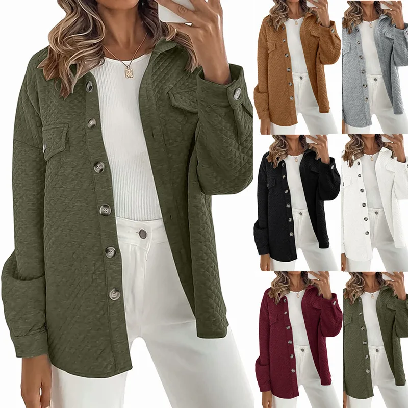 Autumn and Winter Womens Clothing Solid Color Rhombus Pocket Light Casual Jacket Cardigan Lapel Jacket Women