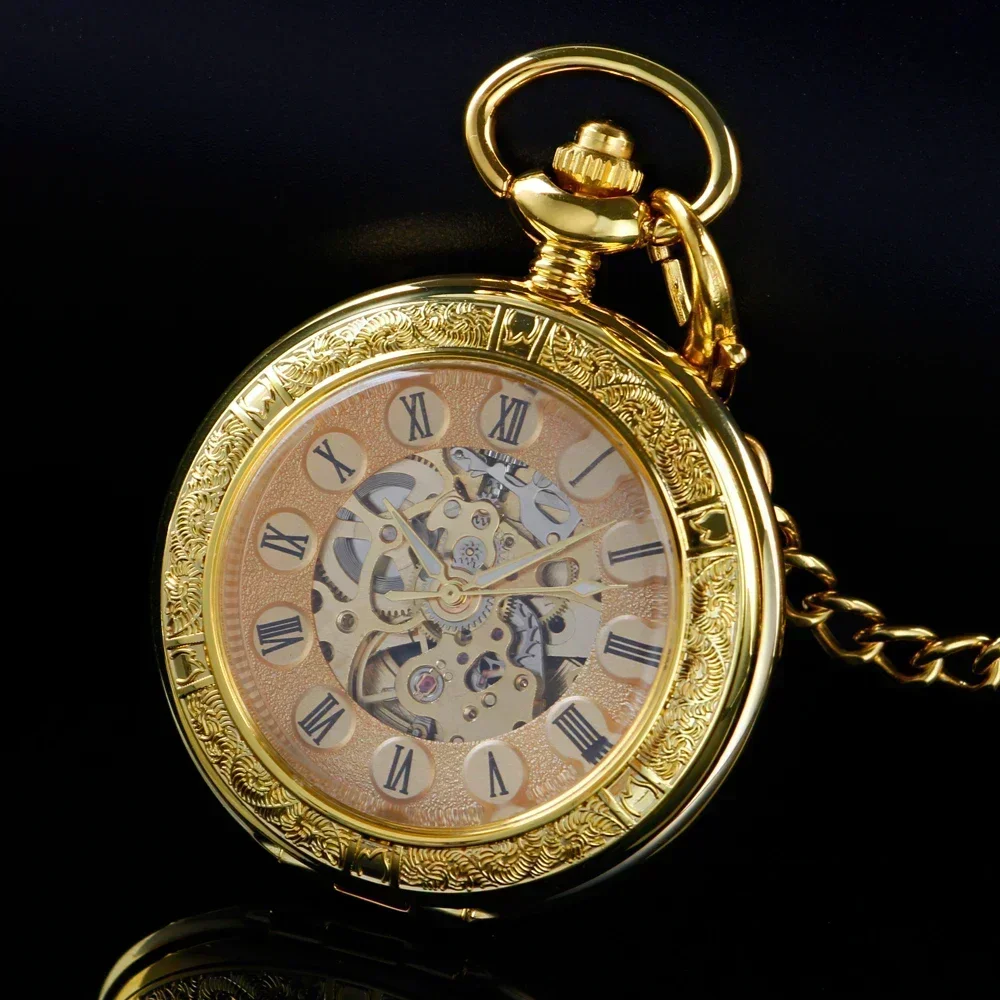 

New Gold Transparent Roman Digital Mechanical Pocket Watch Vintage Hollow-Out Case Analog Skeleton Men's Mechanical Pocket Watch