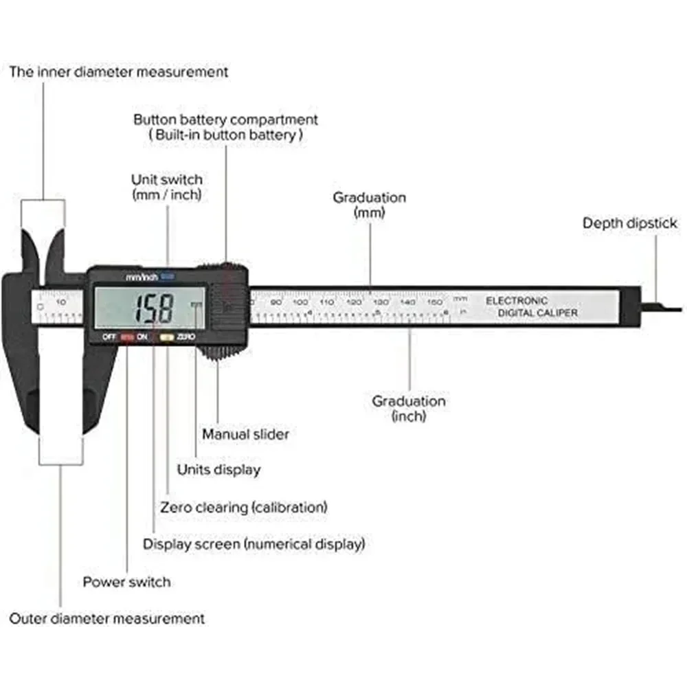 Electronic Digital Caliper Tools Imperial/Metric Conversion 0-6 Inches 100/150mm Carbon Fiber Gauge Micrometer Vernier Measuring