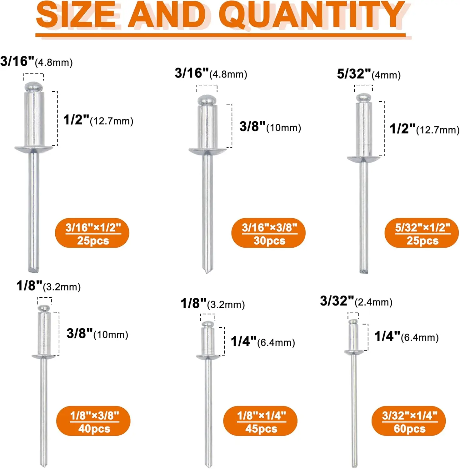 مجموعة متنوعة من المسامير العمياء مكونة من 225 قطعة مع أداة مسدس برشام يدوية شديدة التحمل، ومسامير 6 أحجام