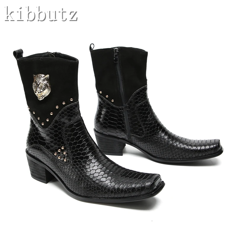 

Rivet Black Snakeskin Chelsea Ankle Boots for Men Genuine Leather Metal Decor Men's Shoes High-Top Work Boots Autumn Footwear