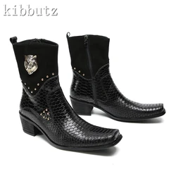 Rivet Black Snakeskin Chelsea Ankle Boots for Men Genuine Leather Metal Decor Men's Shoes High-Top Work Boots Autumn Footwear