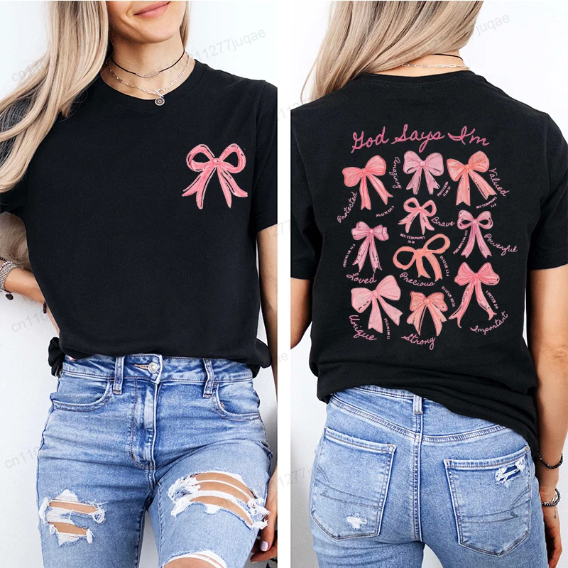 الله يقول أنا Coquette القوس الاتجاه النساء ملابس عصرية الجرافيك تي شيرت الملابس بوهو يسوع الكتاب المقدس الآية طباعة قميص عادية المحملة