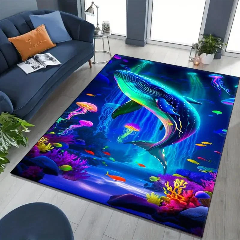 3D Shark Coral Reef Ocean Area Rug for Playroom Vivid Underwater Carpet Print Kids Friendly Soft Floor Mat