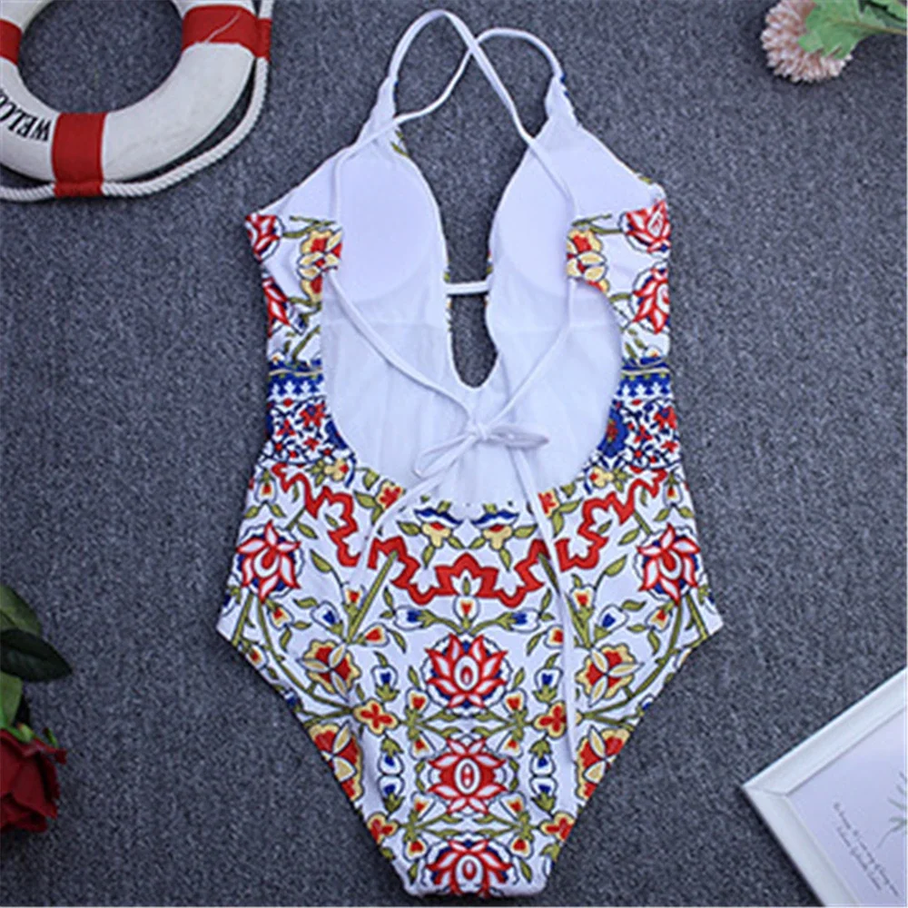 Womens One Piece Swimsuit Floral Printing Straps Sexy Backless Swimwear Ladies Padded Swimming Bathing Suit Backless Beachwear