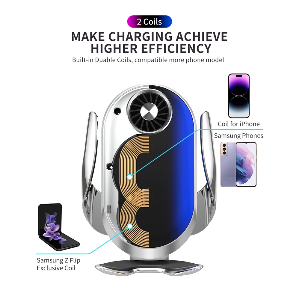 Auto Clamping Wireless Car Charger Cup Holder Phone Mount for Z Flip 4 3 2 iPhone 14 13 12 11 Pro Max for Tesla Qi Fast Charging