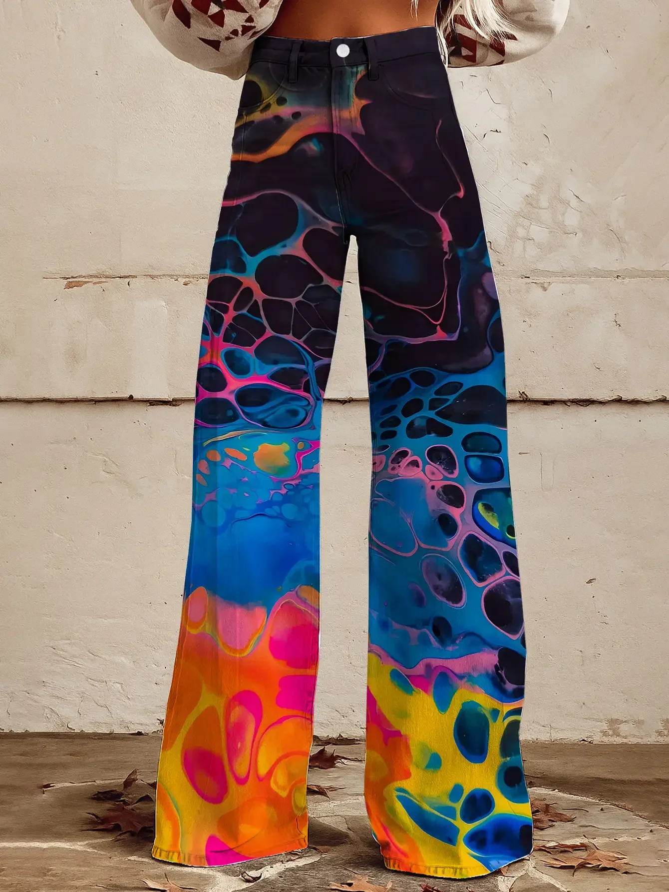 Women's fashion casual wide leg jeans, washed elastic denim versatile wide leg pants, loose and versatile