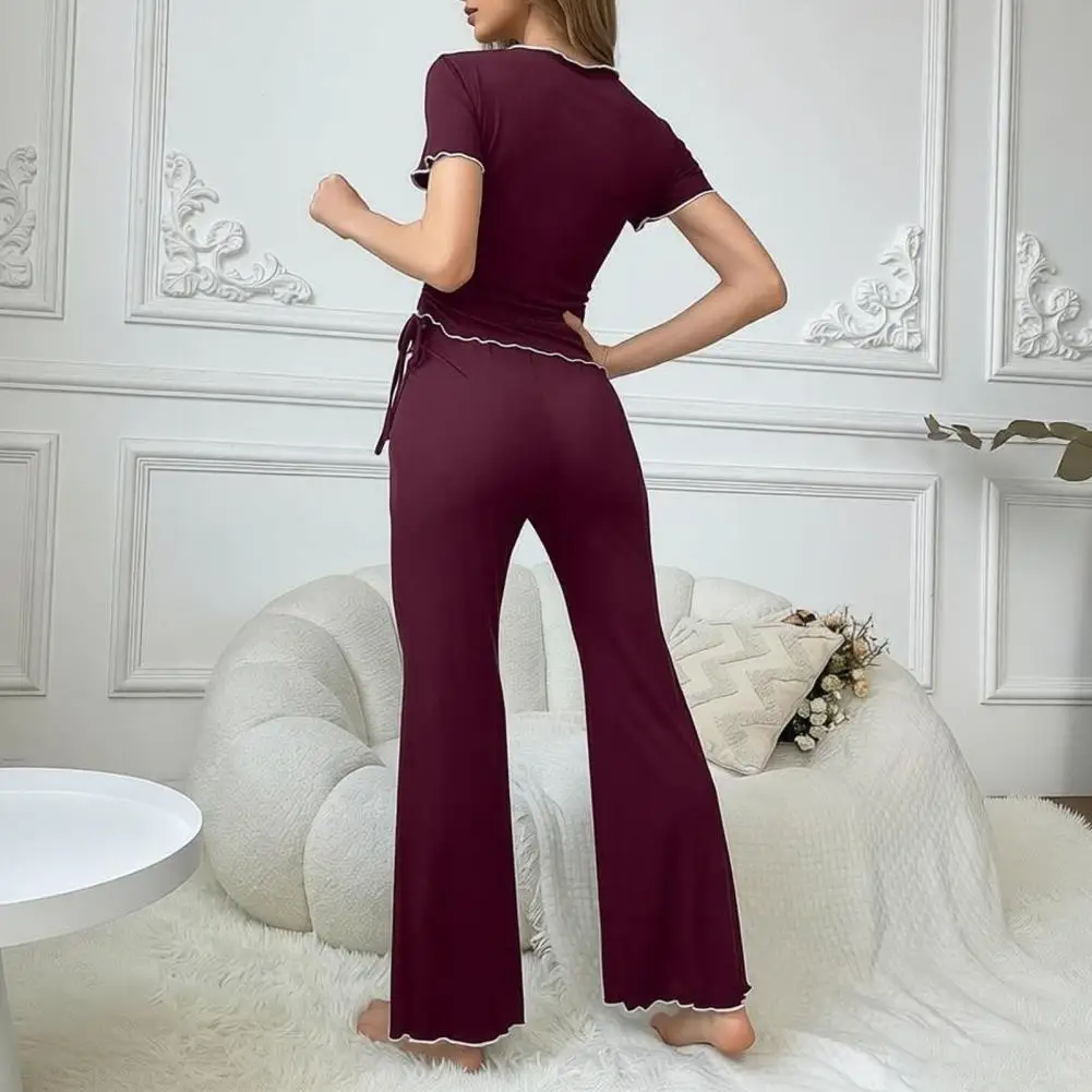 Two-piece Summer Women Pajama Set Slim Solid Color Short Sleeves Top Long Pants Ladies Sleepwear for women Loungewear