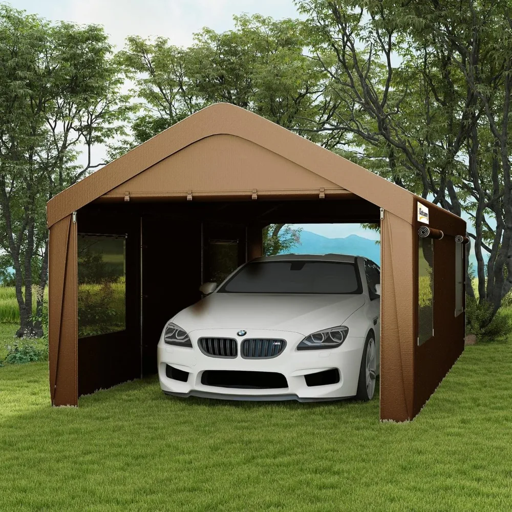 Carport 10' x 20' Portable Garage, Heavy Duty Car Port Canopy with 2 Roll-up Doors & 4 Ventilated Windows for Car, Truck, Boat