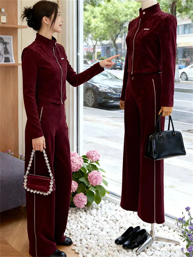 

Faionable Zipper Jaet Top And High Waist Wide Leg Pants Two Piece Set for Women Casual Sle Autumn New Arrival Slimming
