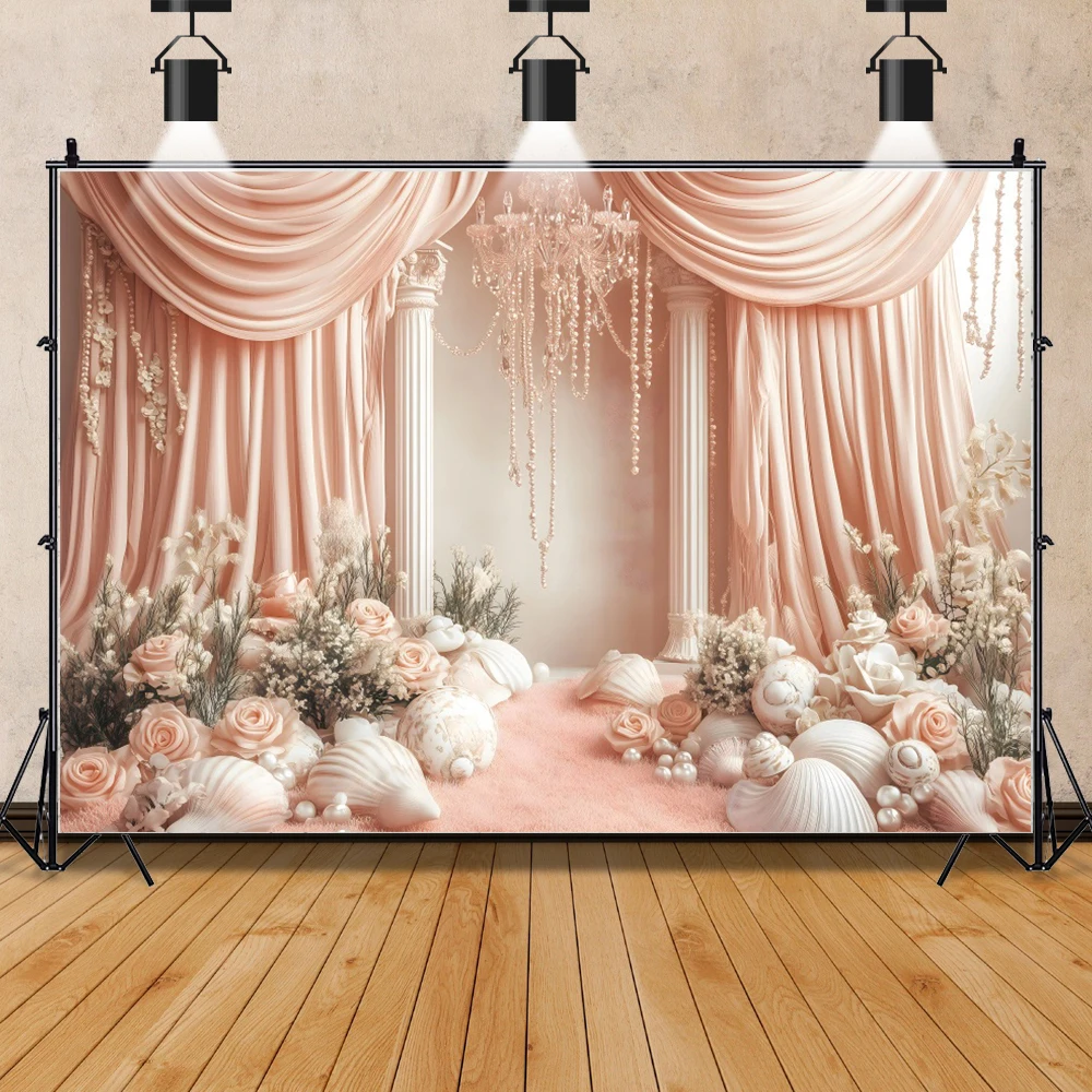 Pink Undersea Palace Photography Background Princess Mermaid Shell Chandelier Flowers Pearls Wedding Birthday Party Backdrop