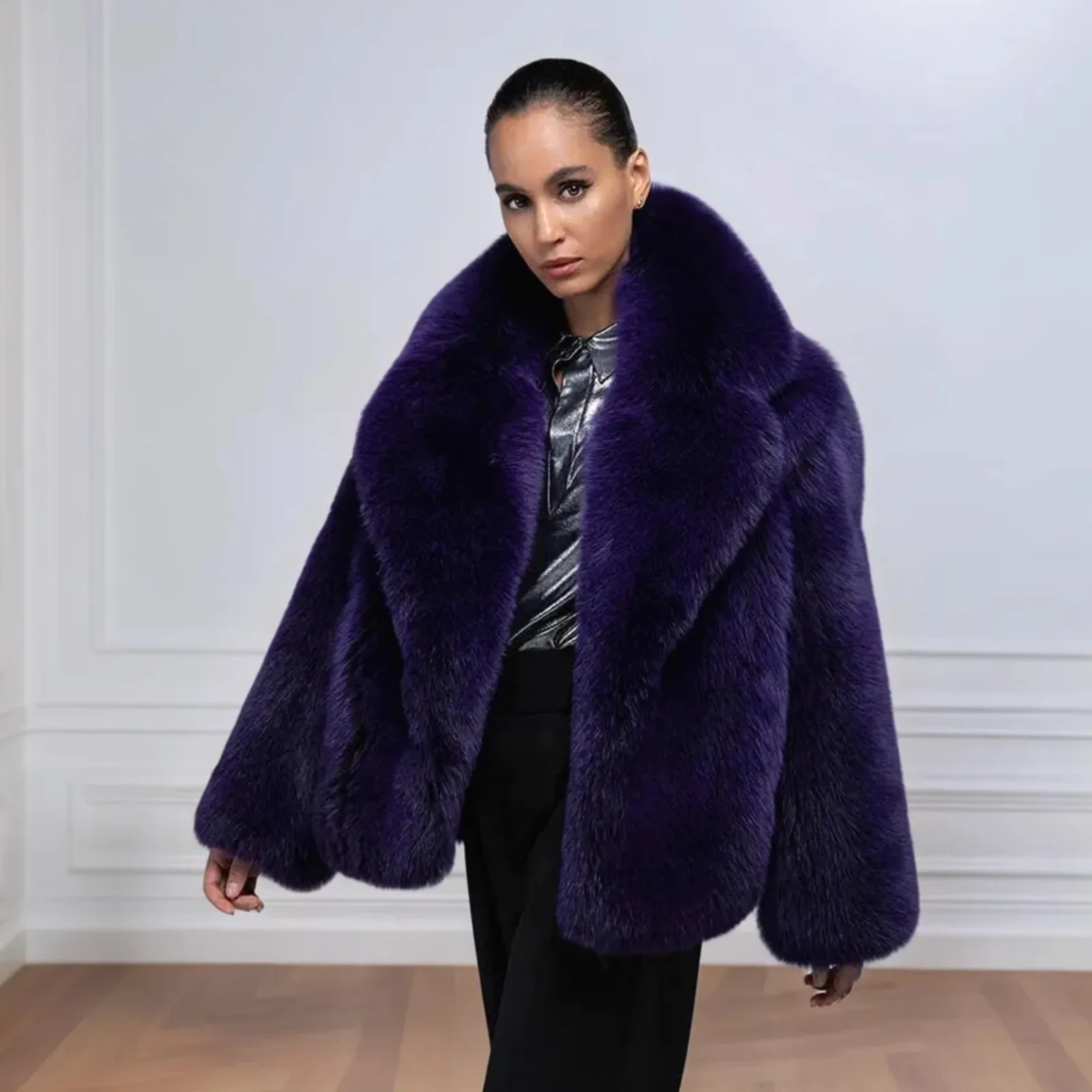 Winter Women's Whole Skin Real Fox Fur Coat Elegant Purple Shawl Collar Natural Fox Fur Thick Jacket Warm Real Fur Overcoats