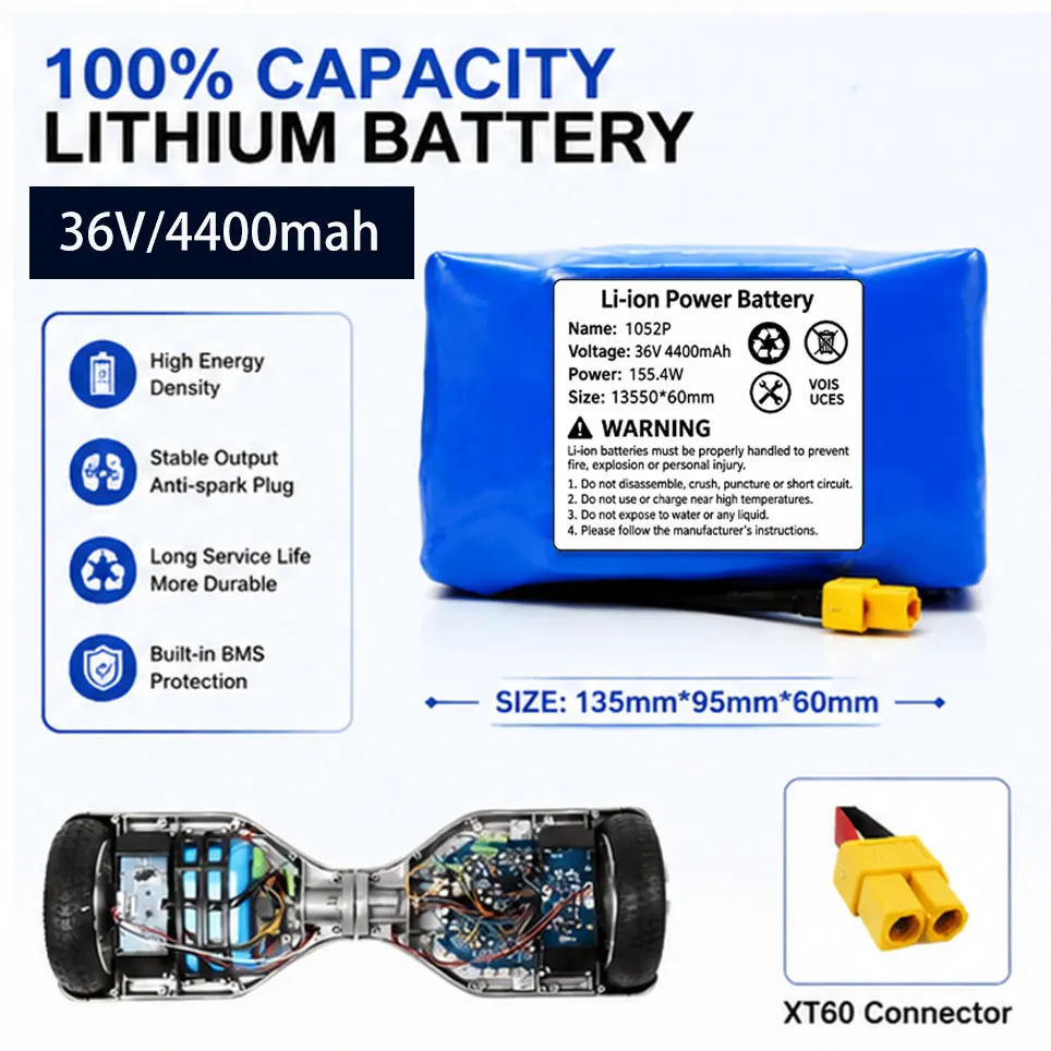 NEW 36V 4400mAh Li-ion Battery 10S2P, Quick Response Power Output, with BMS Circuit for Self Balancing Scooter Hoverboard