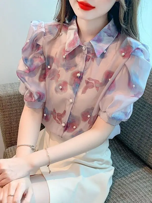 

Шифоновый топ Ele для похудения с цветочным принтом, женский милый топ в Корейском стиле с воротником Bubble Sve ort Sve, новинка лета