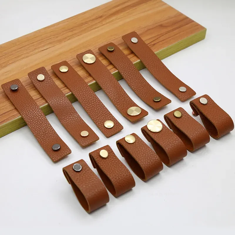 brass brown Cowhide Handle Nordic Modern Style Furniture Drawer Child Door Knobs Cupboard Kitchen Shoe Cabinet Leather Pulls