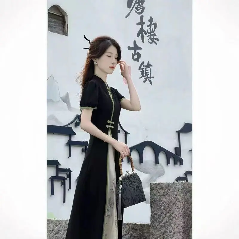Summer New Fashion Exquisite Dress New Chinese Style Cheongsam Slimming Dresses Temperament Short Sleeve Splicing Qipao Dress