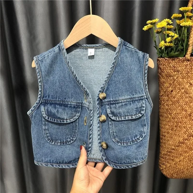 2024 New Spring Autumn boby Girls Kids  Denim Pocket Vest Comfortable Cute Baby Clothes Children Clothing