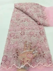 High Quality Beaded Lace Fabrics 5yards Nigeria on Sale Beaded Embrordered Net Lace With Sequins for Party Evening Dress women