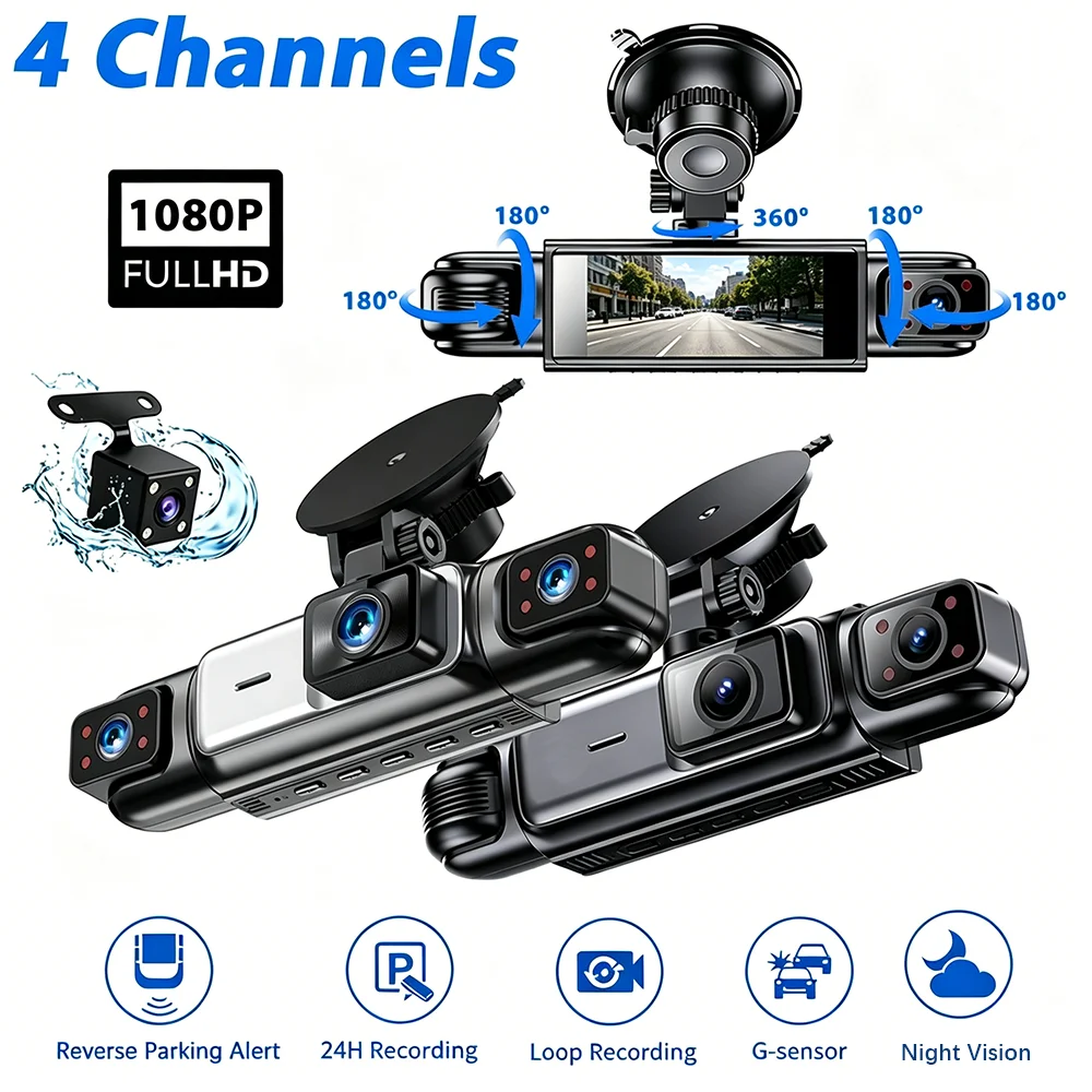 Dash Cam 4 Car Cameras Black Box Night Vision 24/7 Parking Reverse Parking Alert Video Recorder Loop Recording G-Sensor Car DVR