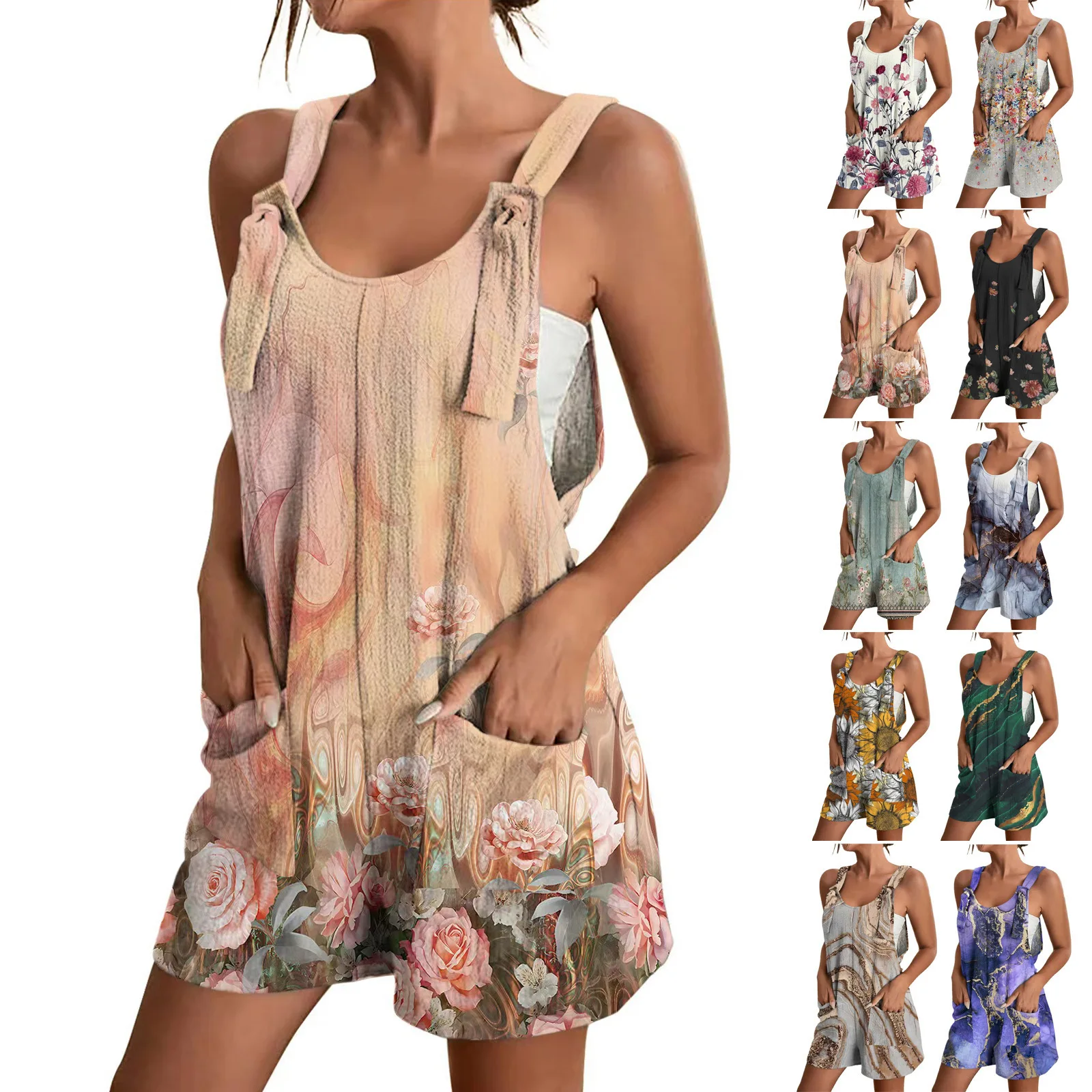 Zomer Rompertjes Voor Dames Zomer Wijde Pijpen Jumpsuits Stropdas Knoop Band Shorts Romper Comfortabele Casual Overall Met Zakken Playsuits Nieuw