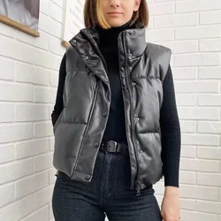 Autumn Winter Pu Leather Vest Women Female Sleeveless Jacket Women Puffy Solid Down Vest Puffer White Duck Down Vest Jacket